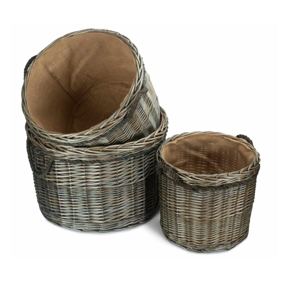 Set of 3 Antique Wash Round Storage Log Basket
